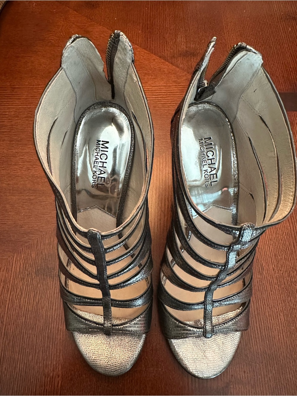 MICHAEL Michael Kors Metallic Strappy Peep-Toe Heels - Silver